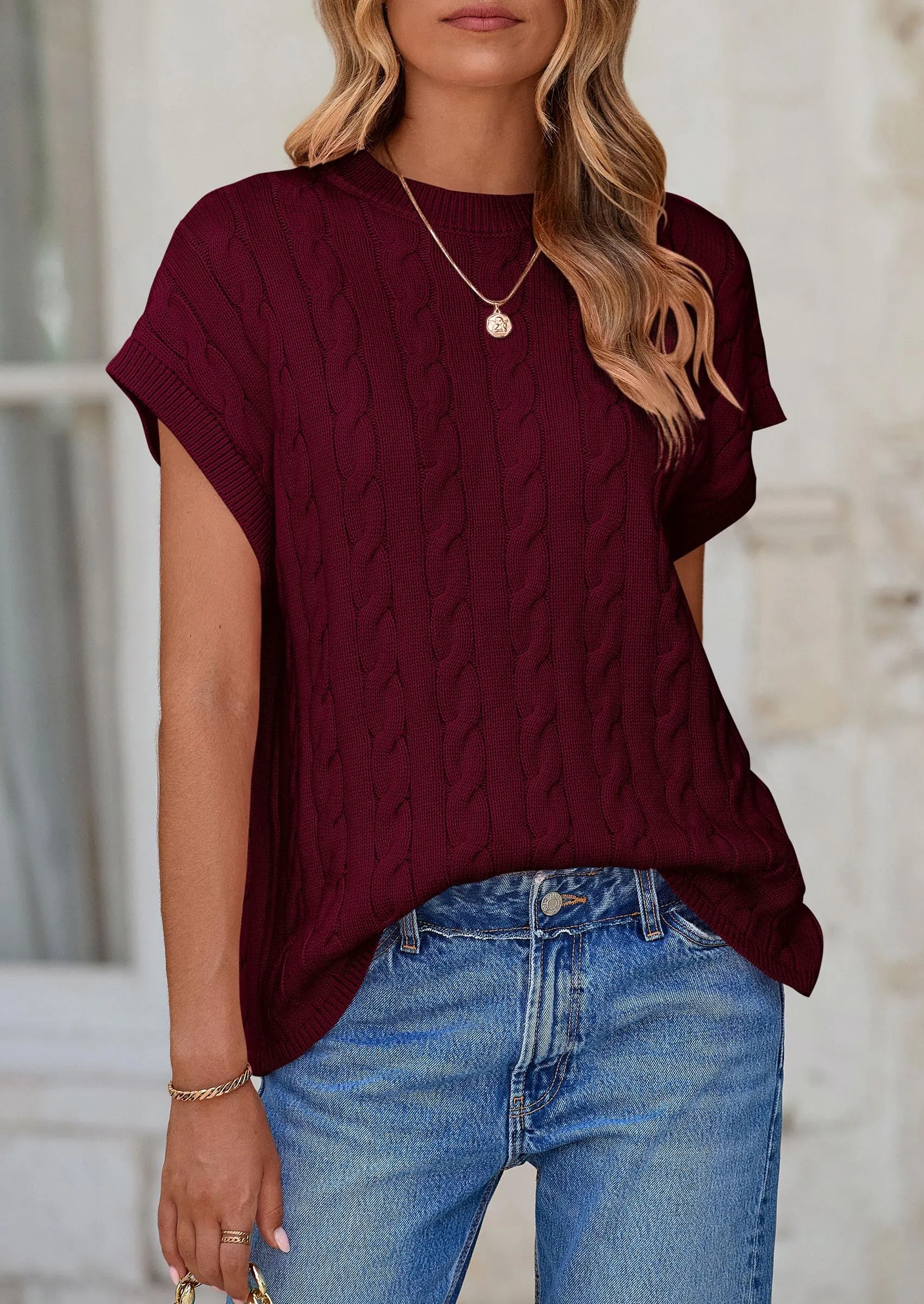 Casual Short Sleeve Crew Neck Knit Pullover Trendy Spring Outfits Sweater Vest