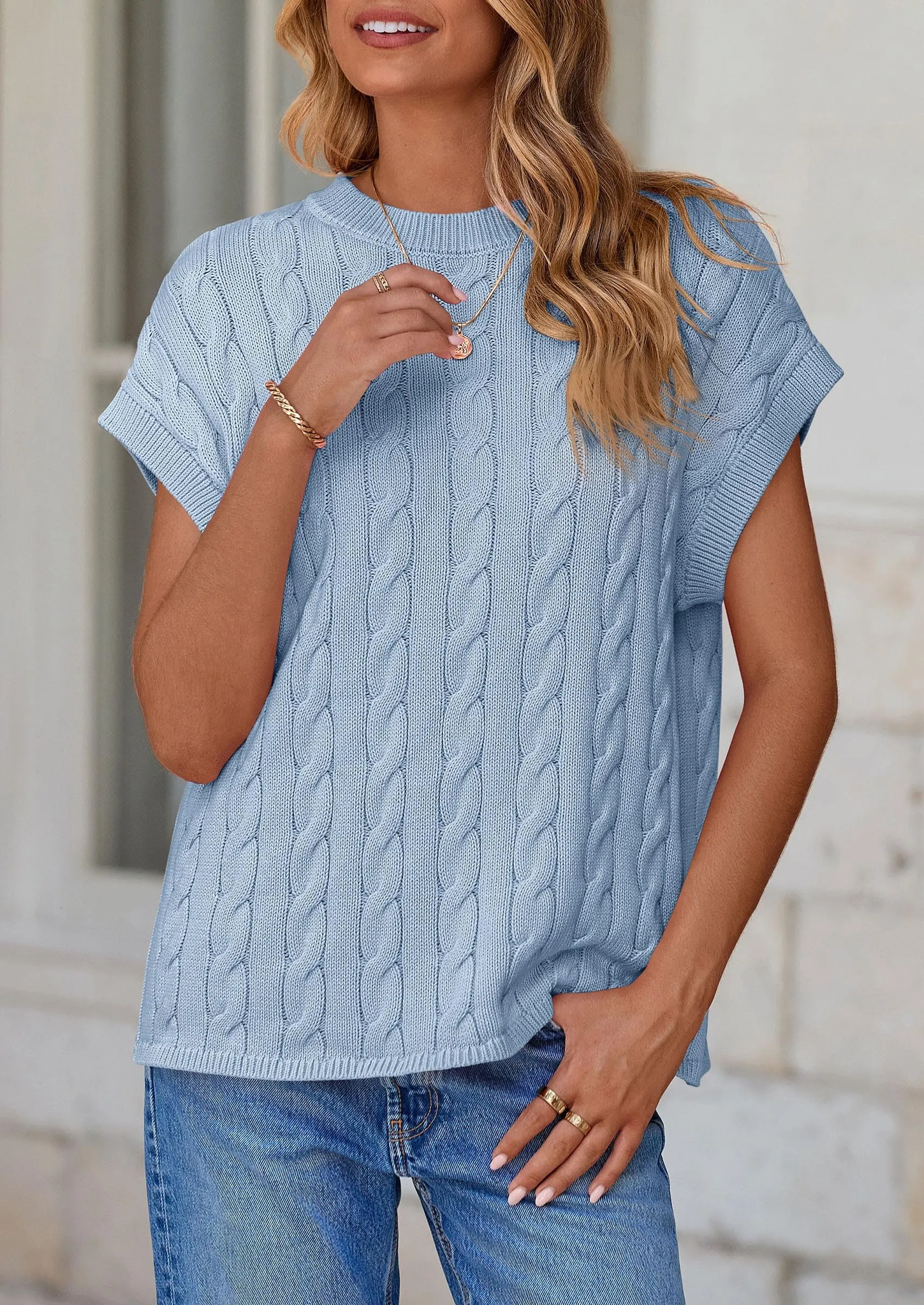 Casual Short Sleeve Crew Neck Knit Pullover Trendy Spring Outfits Sweater Vest