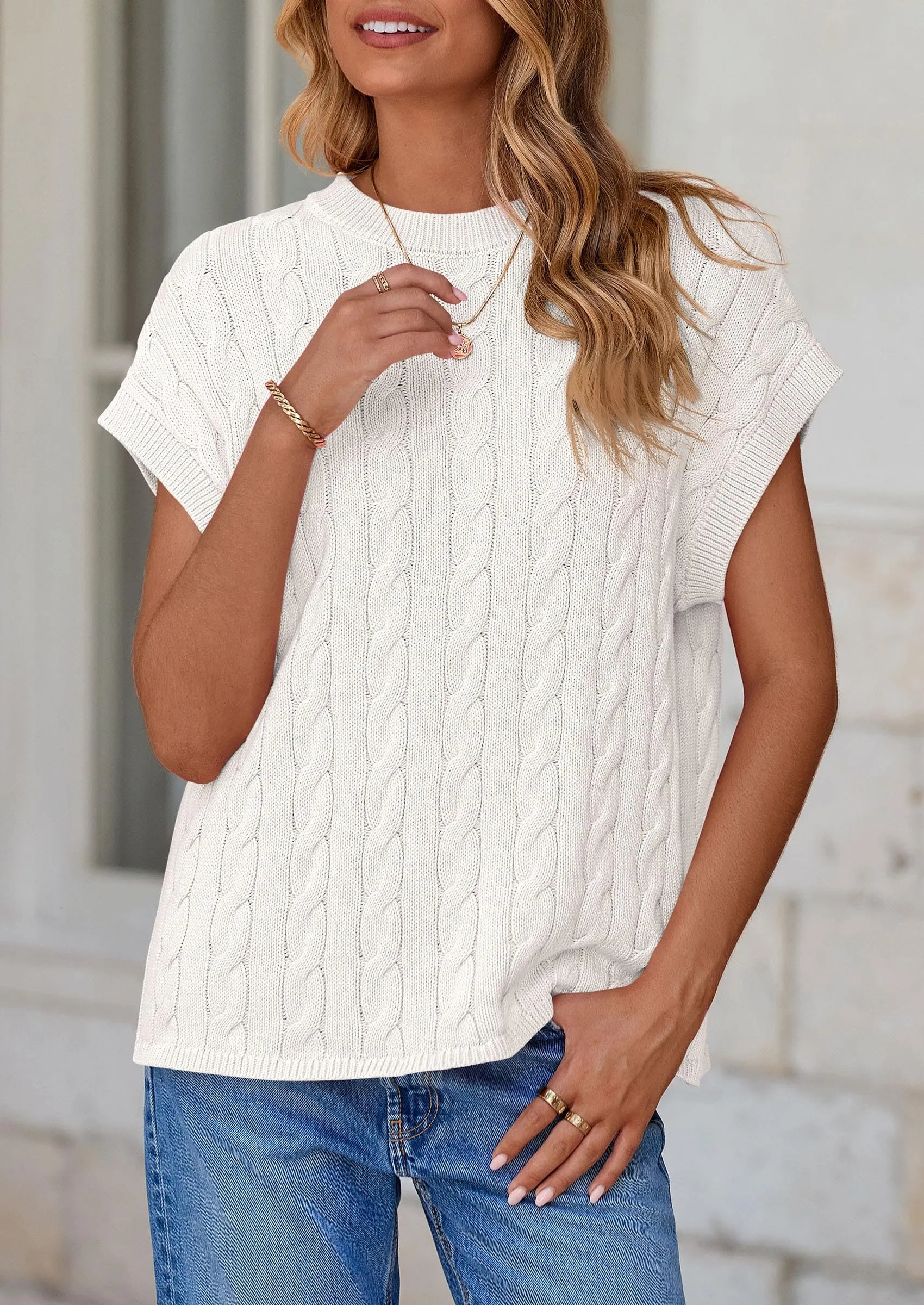 Casual Short Sleeve Crew Neck Knit Pullover Trendy Spring Outfits Sweater Vest