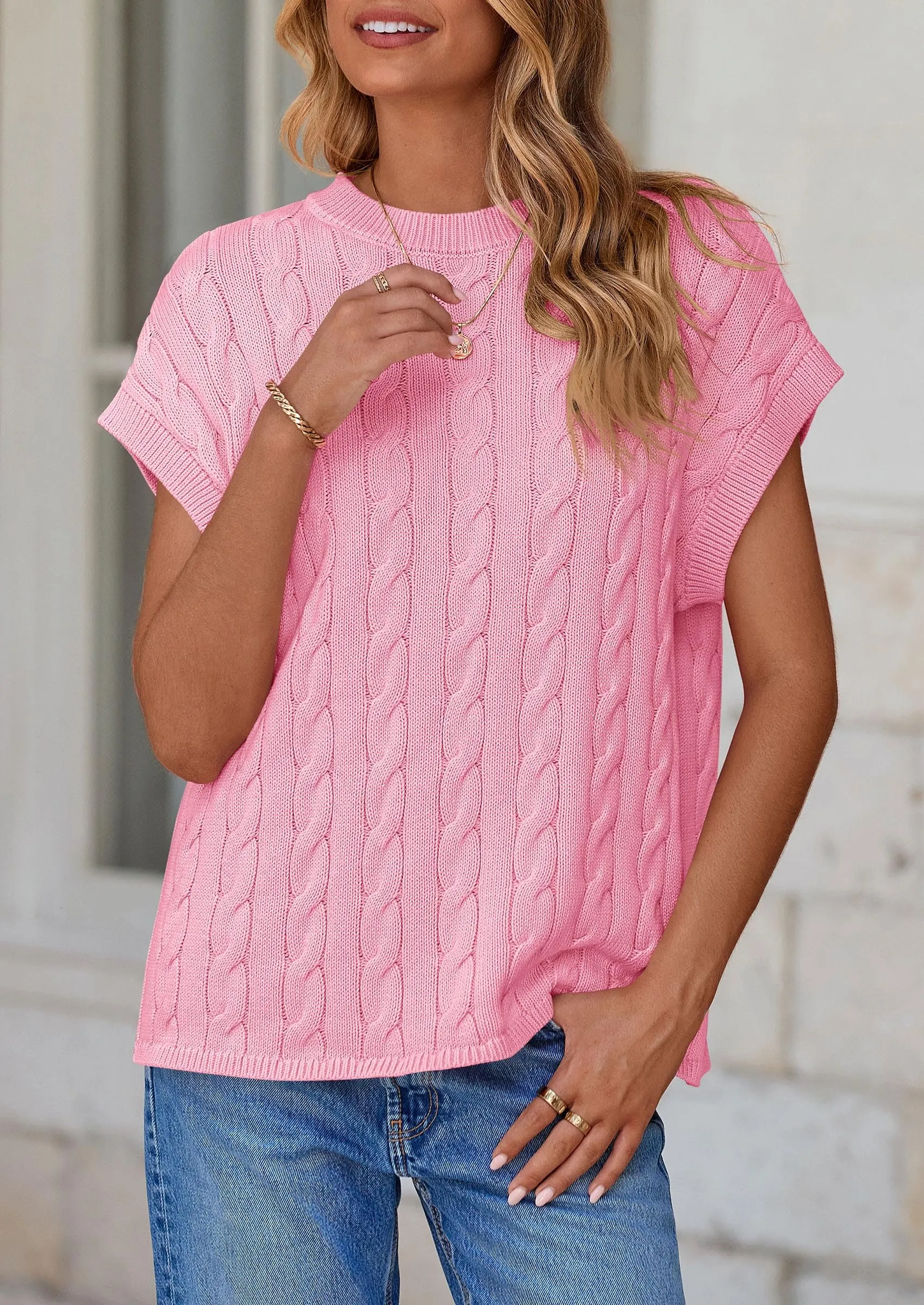 Casual Short Sleeve Crew Neck Knit Pullover Trendy Spring Outfits Sweater Vest