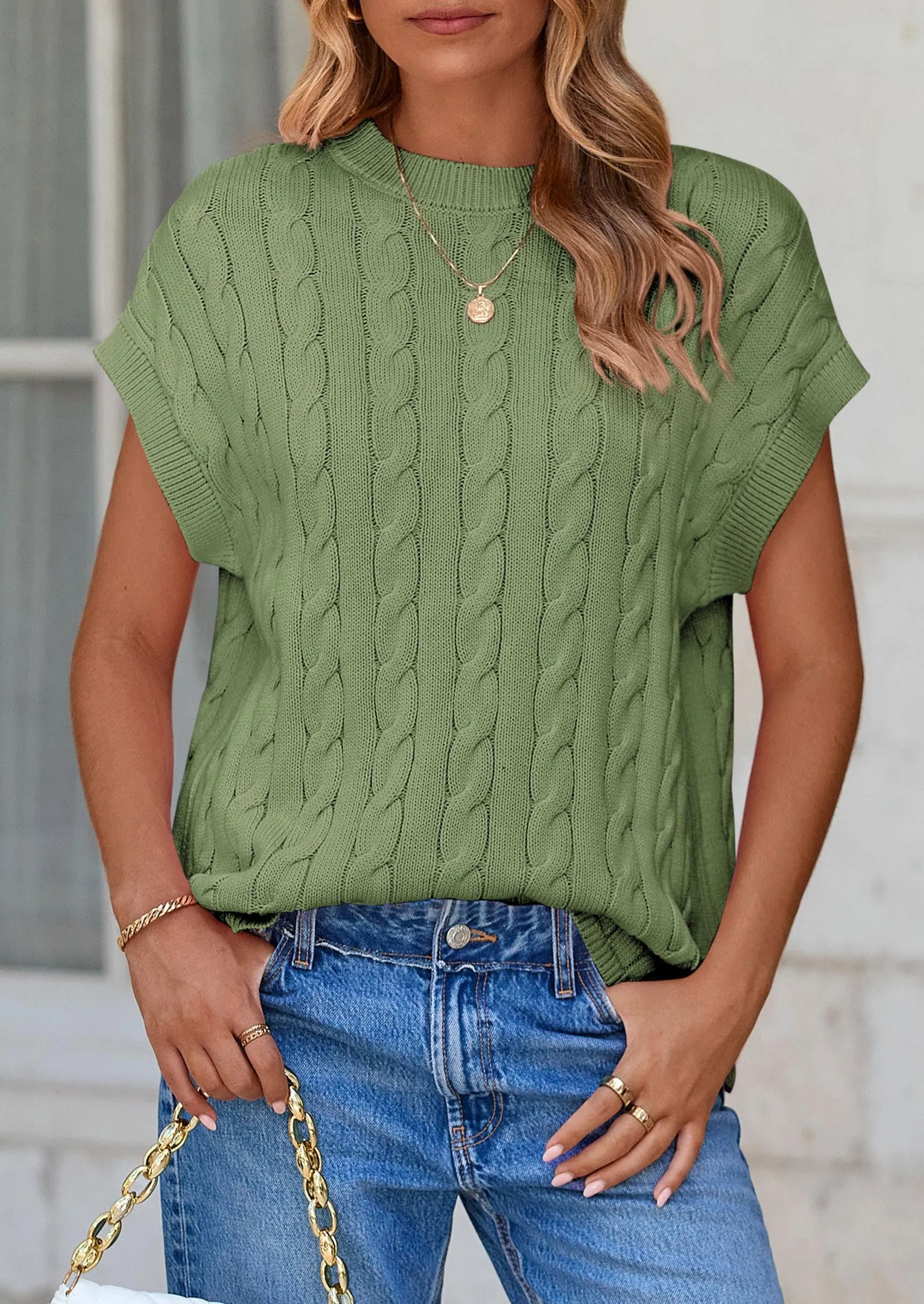 Casual Short Sleeve Crew Neck Knit Pullover Trendy Spring Outfits Sweater Vest