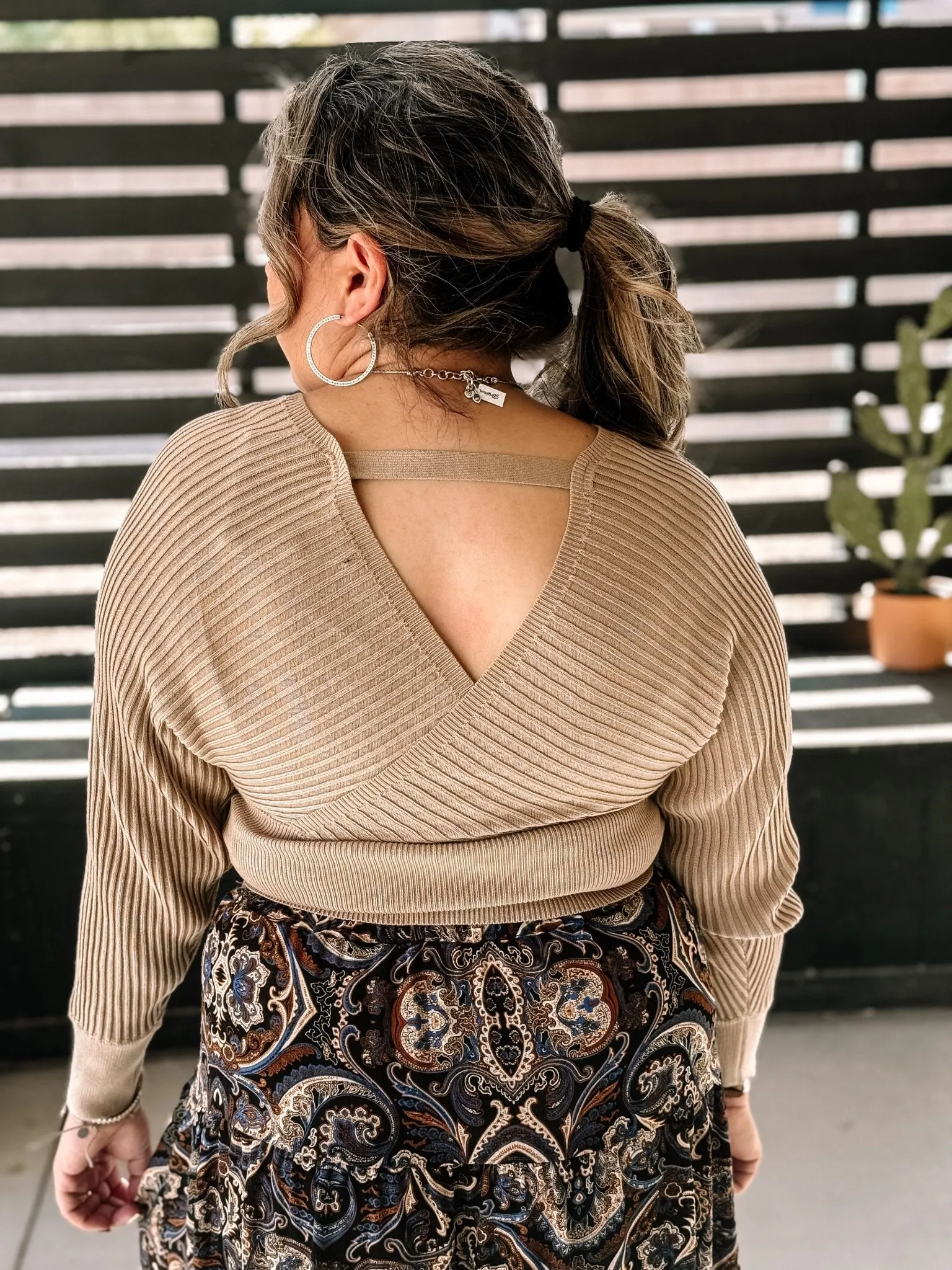 Ember Glow Elegant Ribbed Sweater, Khaki