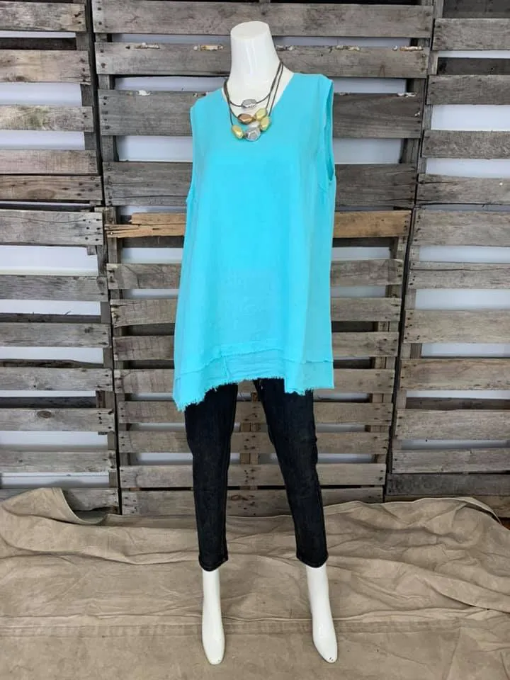 FBT918 FRAYED EDGE TANK TOP-Aqua