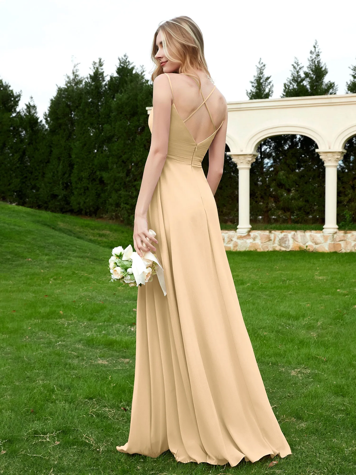Floor Length V Neck Chiffon Bridesmaid Gown Champagne Plus Size