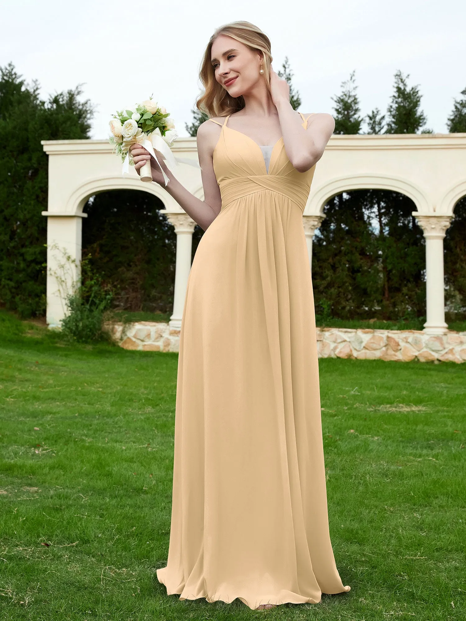 Floor Length V Neck Chiffon Bridesmaid Gown Champagne Plus Size