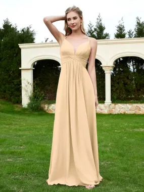 Floor Length V Neck Chiffon Bridesmaid Gown Champagne Plus Size