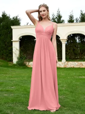 Floor Length V Neck Chiffon Bridesmaid Gown Flamingo