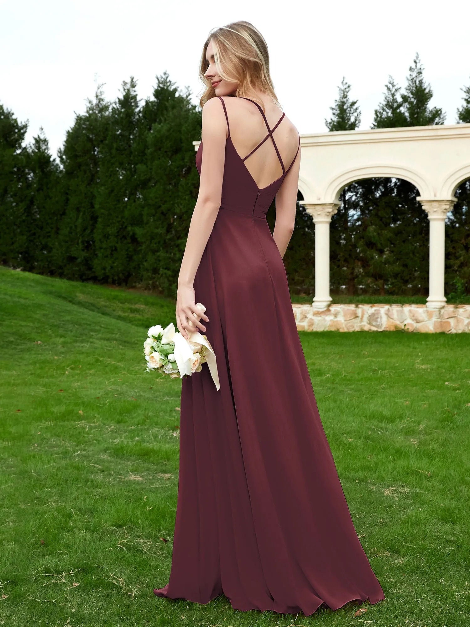 Floor Length V Neck Chiffon Bridesmaid Gown Mulberry Plus Size