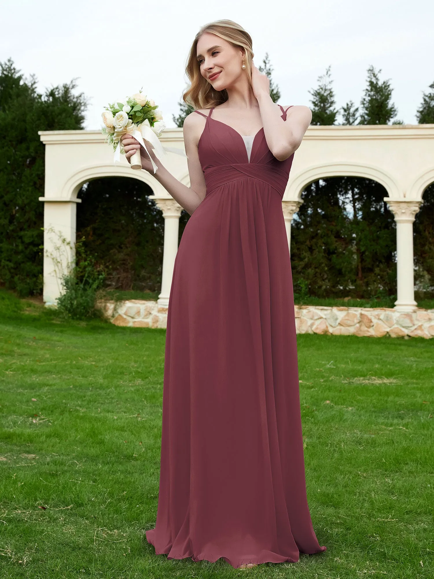 Floor Length V Neck Chiffon Bridesmaid Gown Mulberry Plus Size