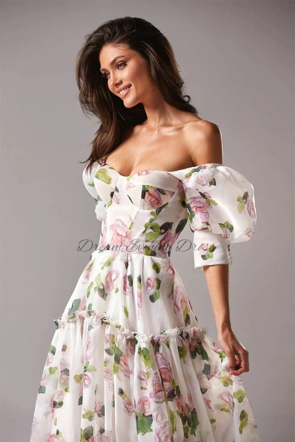 Girlary New Charming Printed Chiffon A-line Off Shoulder Loose Short Sleeve Prom Dresses Sweetheart Evening Dresses For Women