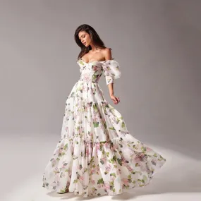 Girlary New Charming Printed Chiffon A-line Off Shoulder Loose Short Sleeve Prom Dresses Sweetheart Evening Dresses For Women