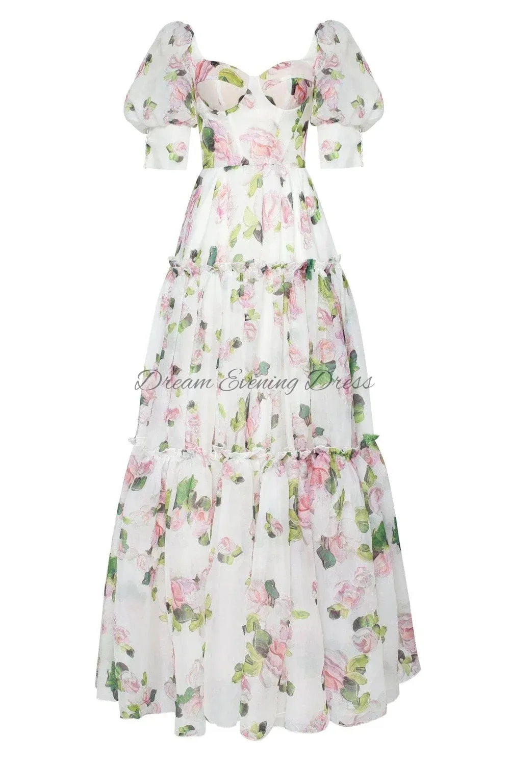 Girlary New Charming Printed Chiffon A-line Off Shoulder Loose Short Sleeve Prom Dresses Sweetheart Evening Dresses For Women