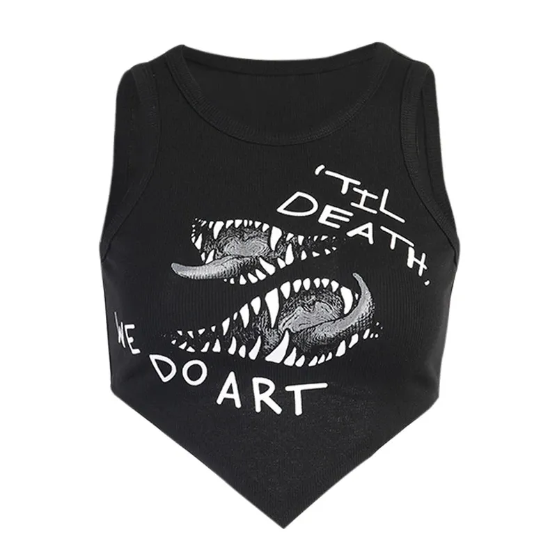 Goth Round Neck Asymmetrical Tank Tops / Women's Sleeveless Cropped Tops