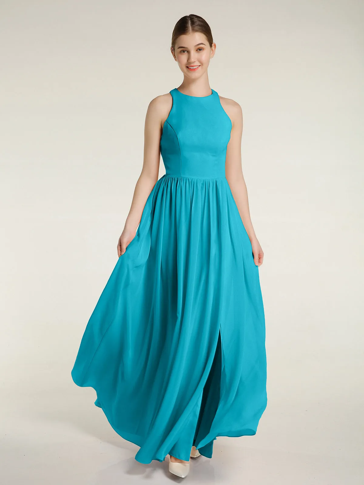 Halter Chiffon Simple Dress with Slit Jade