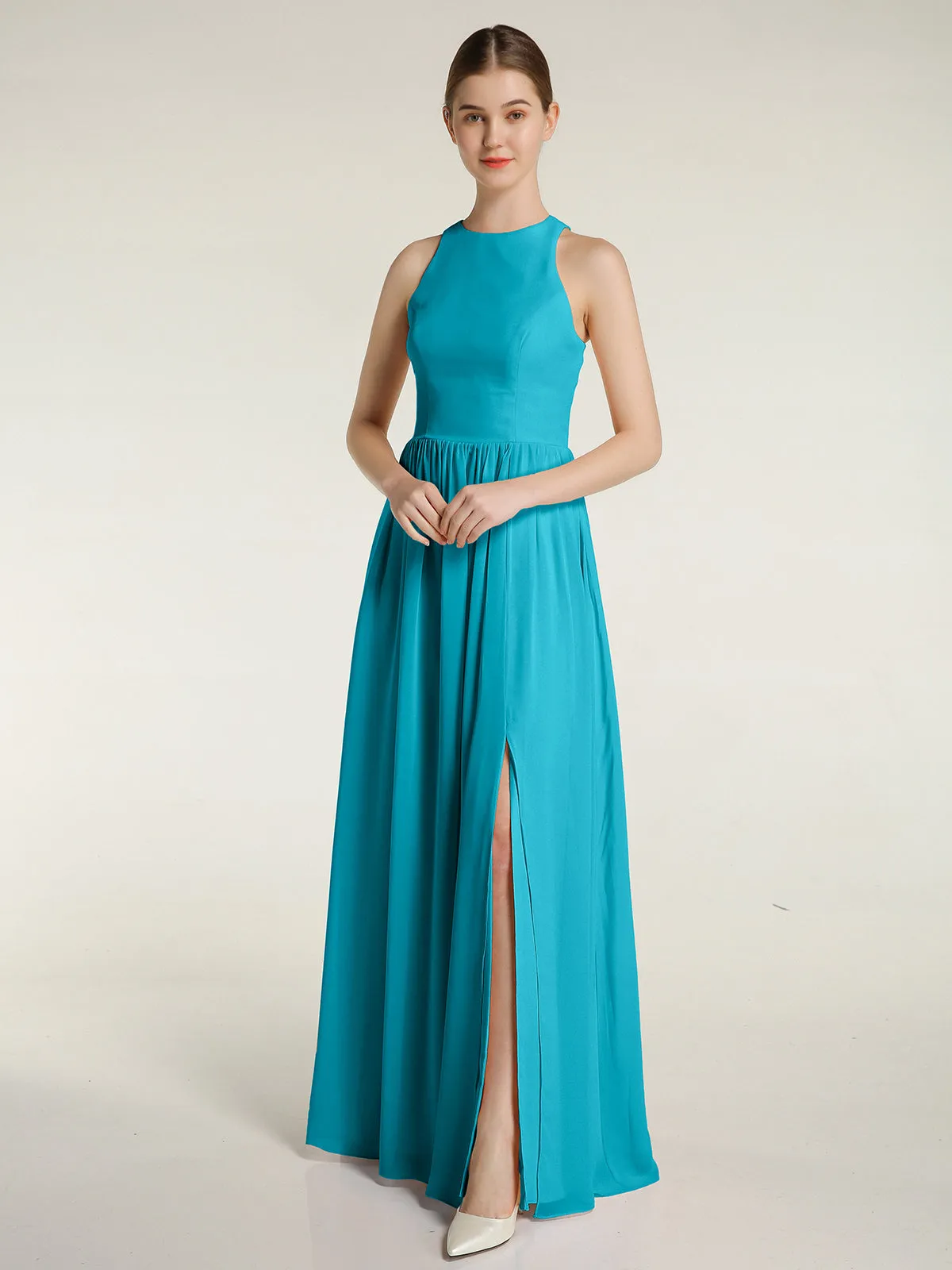 Halter Chiffon Simple Dress with Slit Jade