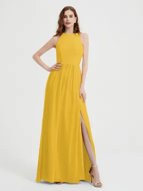 Halter Chiffon Simple Dress with Slit Marigold