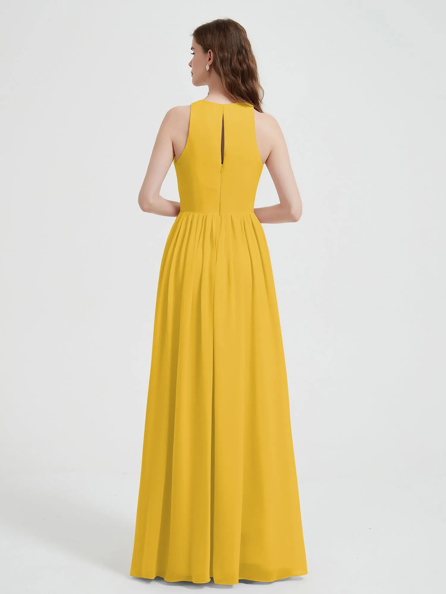 Halter Chiffon Simple Dress with Slit Marigold