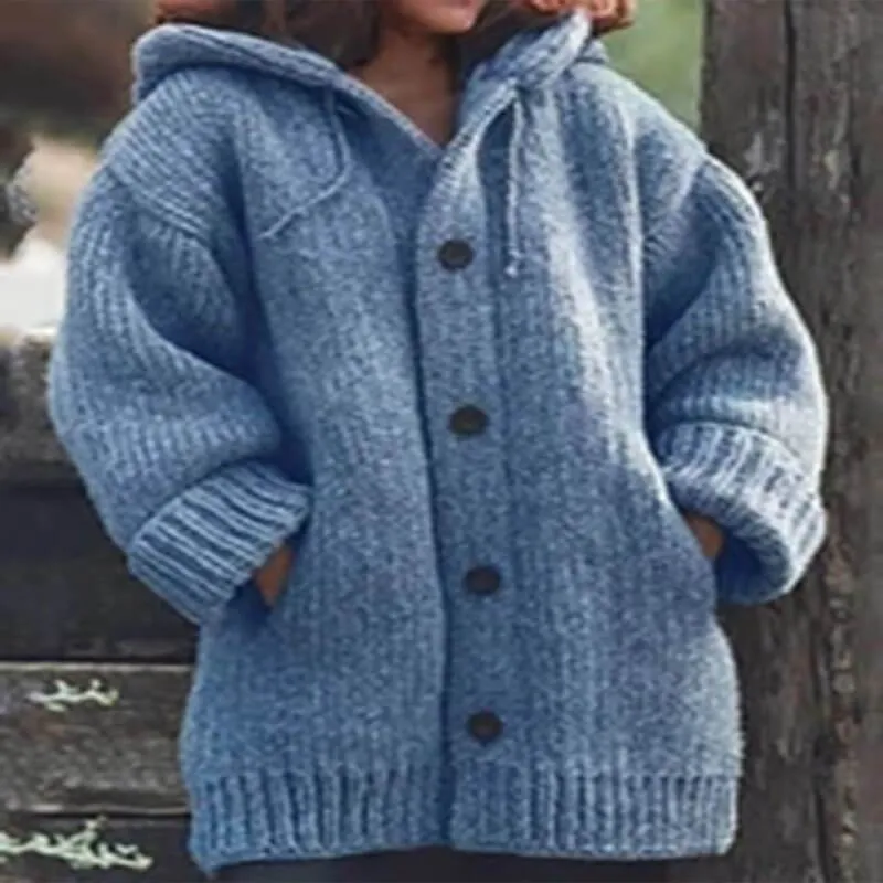 Hooded ButtonThick Knit Cardigan