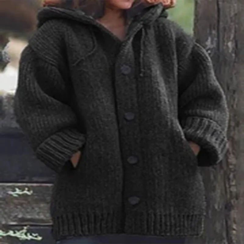 Hooded ButtonThick Knit Cardigan
