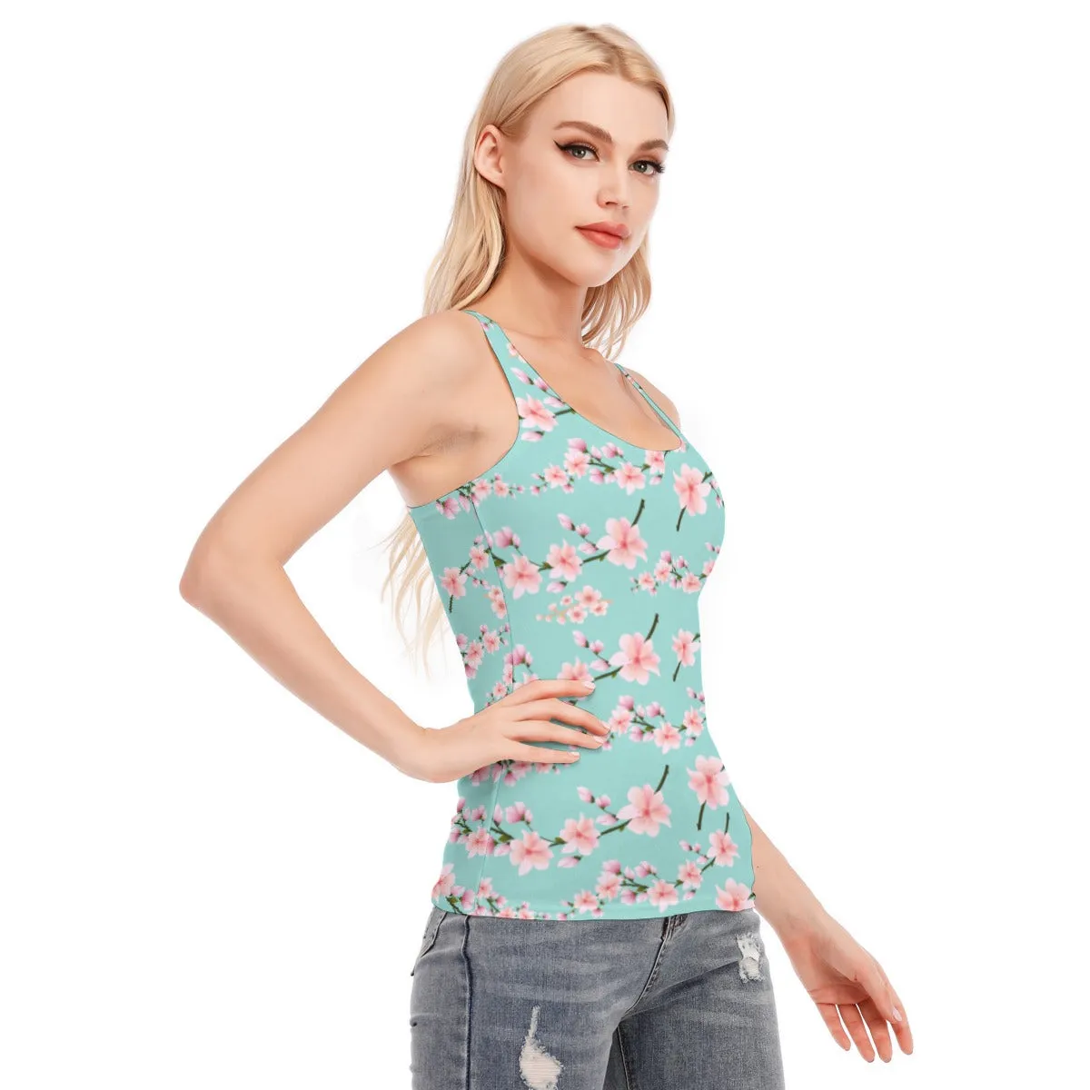 Japanese Pink Flowers Blue Racerback Tank Top | 190GSM Cotton up to 3XL (FWS)