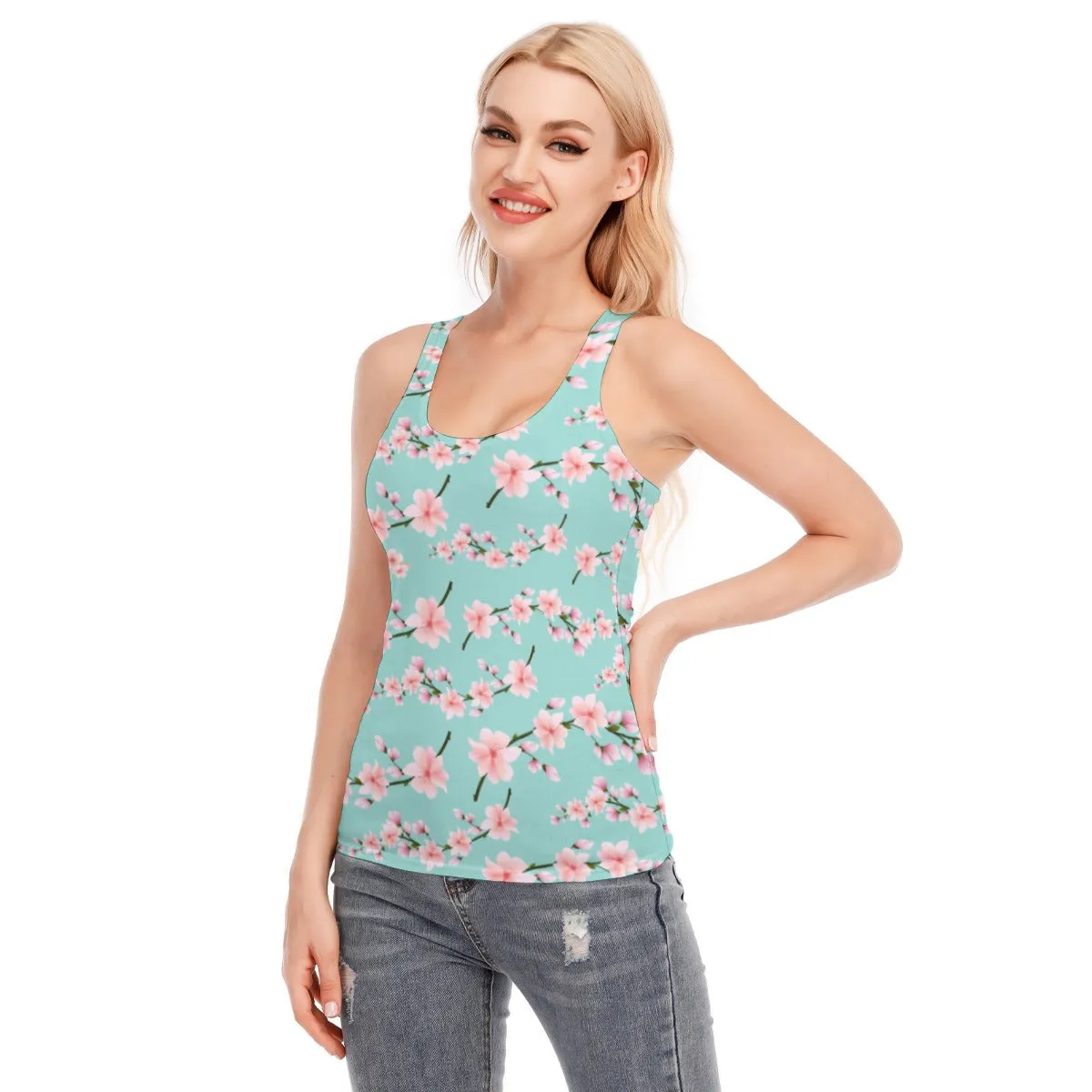 Japanese Pink Flowers Blue Racerback Tank Top | 190GSM Cotton up to 3XL (FWS)