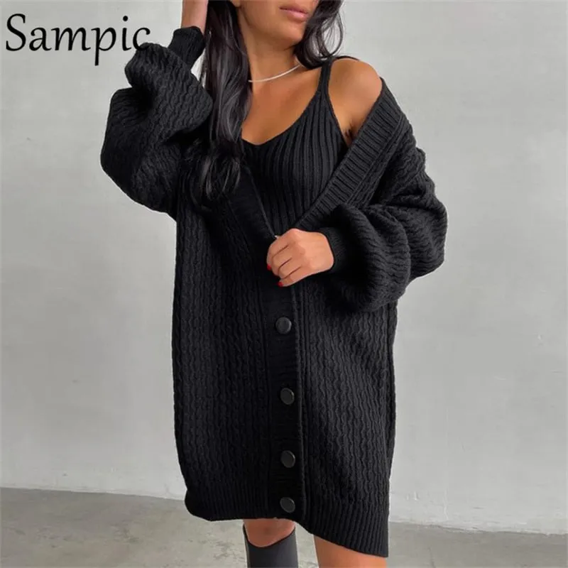 Joskaa Christmas Gift Sampic Cardigans Dress Women 2024 Winter Oversized V Neck Knitted Long Sleeve Cardigans Tops Casual Sexy Club Sweater Outwear