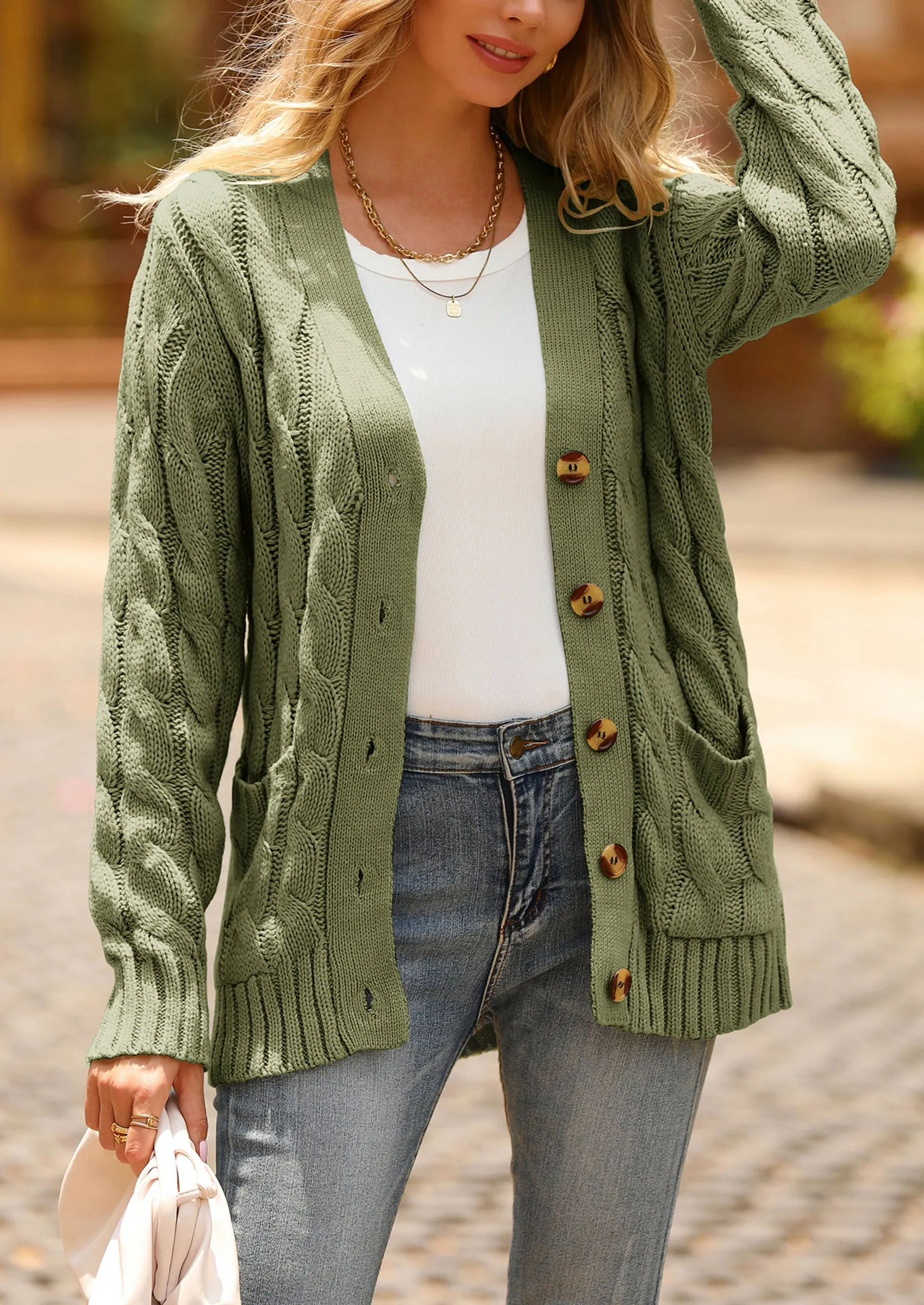 Knitted Solid Color Button Down Chunky Outwear Cardigan