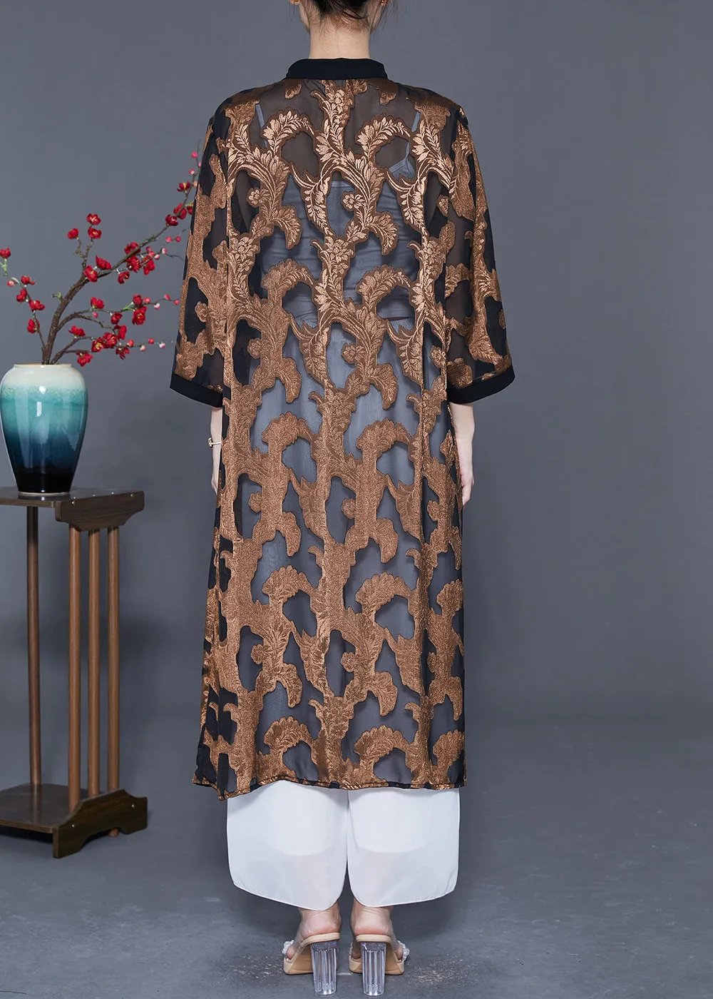 Loose Khaki Jacquard Hollow Out Tulle UPF 50  Long Cardigans Summer LY5594