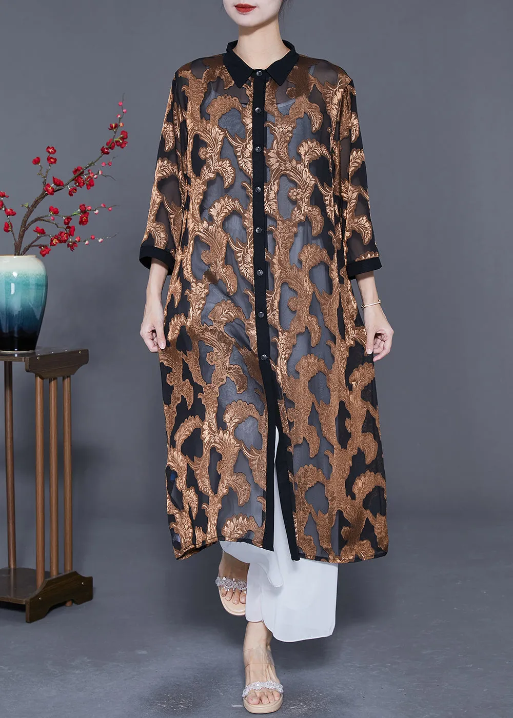 Loose Khaki Jacquard Hollow Out Tulle UPF 50  Long Cardigans Summer LY5594