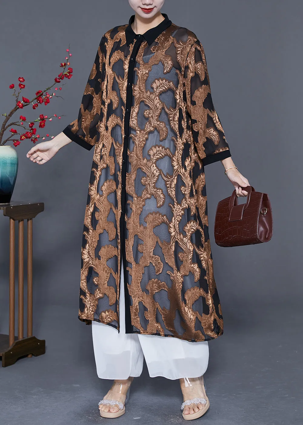 Loose Khaki Jacquard Hollow Out Tulle UPF 50  Long Cardigans Summer LY5594
