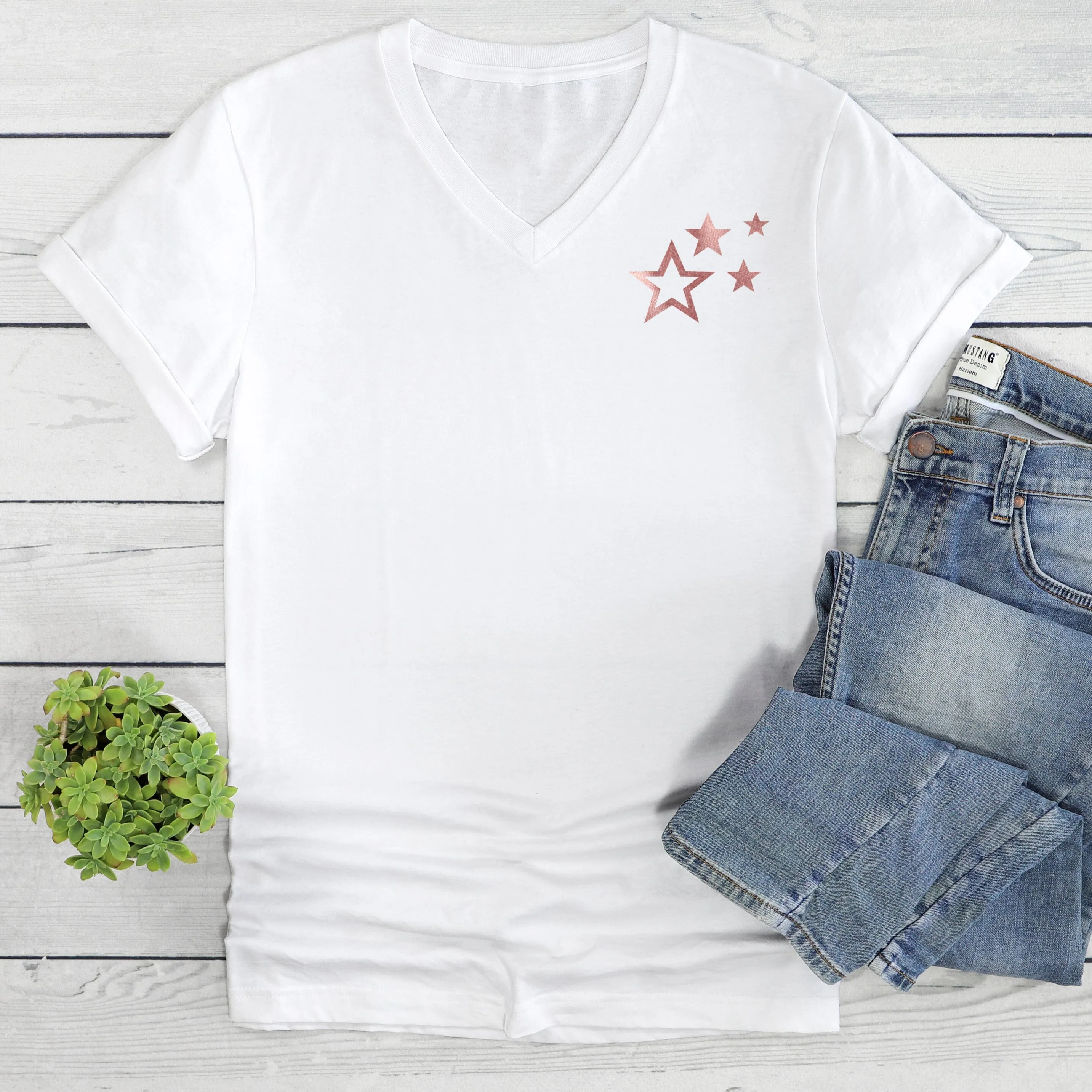 Rose Gold Scattered Stars White V-Neck T-Shirt