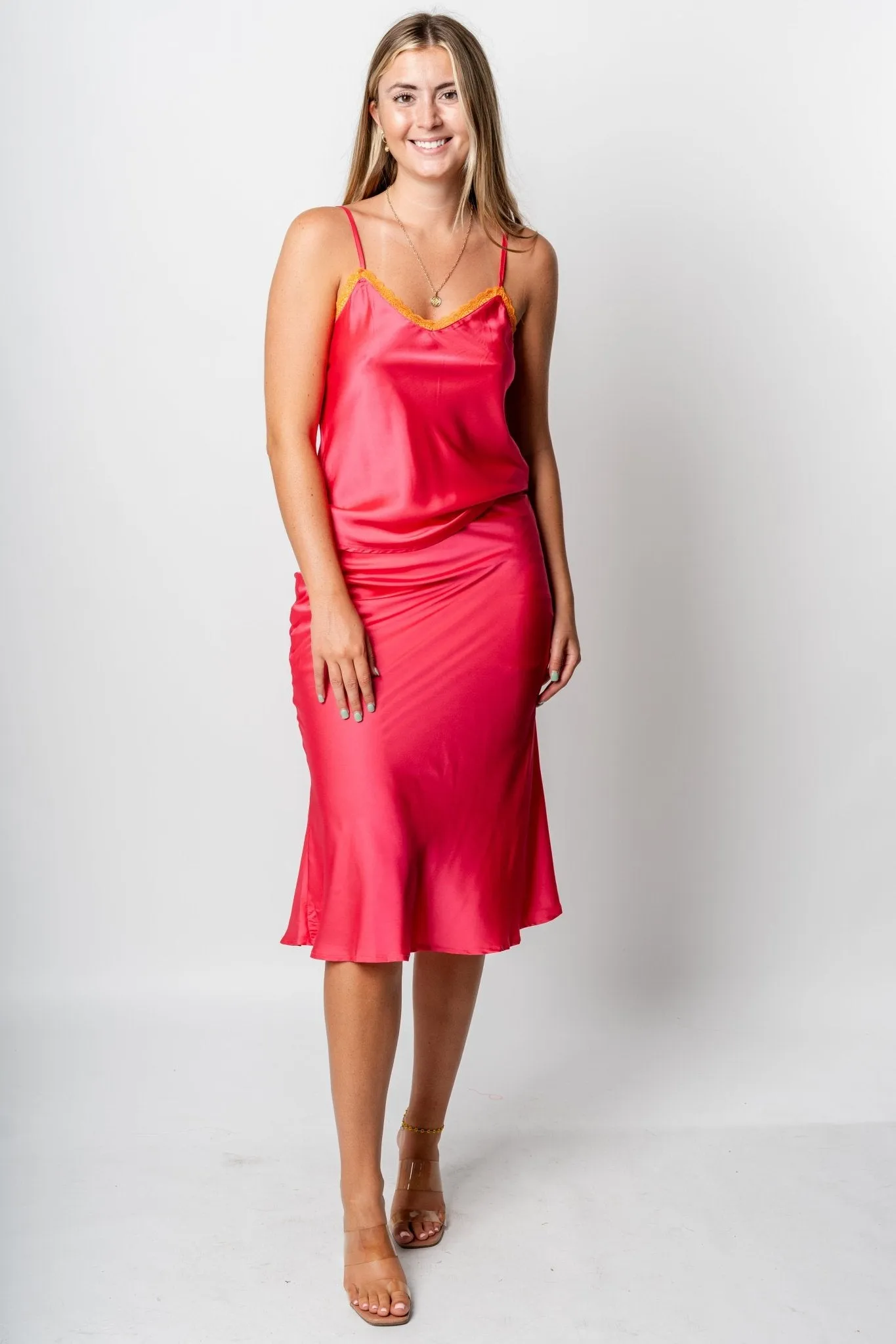 Satin lace cami tank top fuchsia
