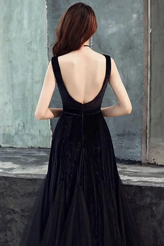Simple Black Tulle Backless Prom Dresses Straps Zipper Dance Dresses SWK15388