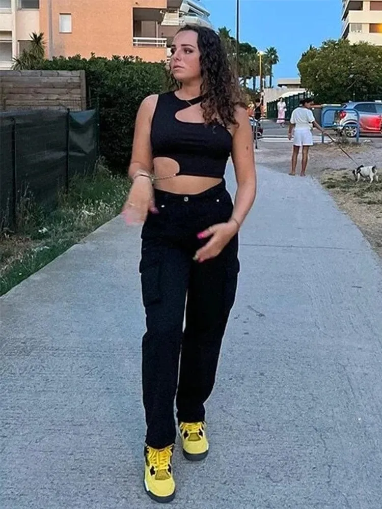 Women Chain Cut Out Rib Knit Crop Top