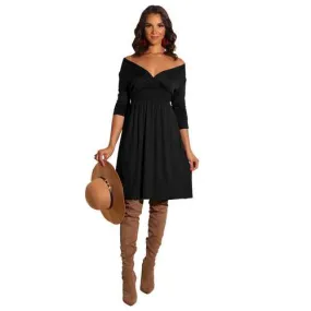 Women Fashion Long Sleeve Solid Black Deep V-neck Dress